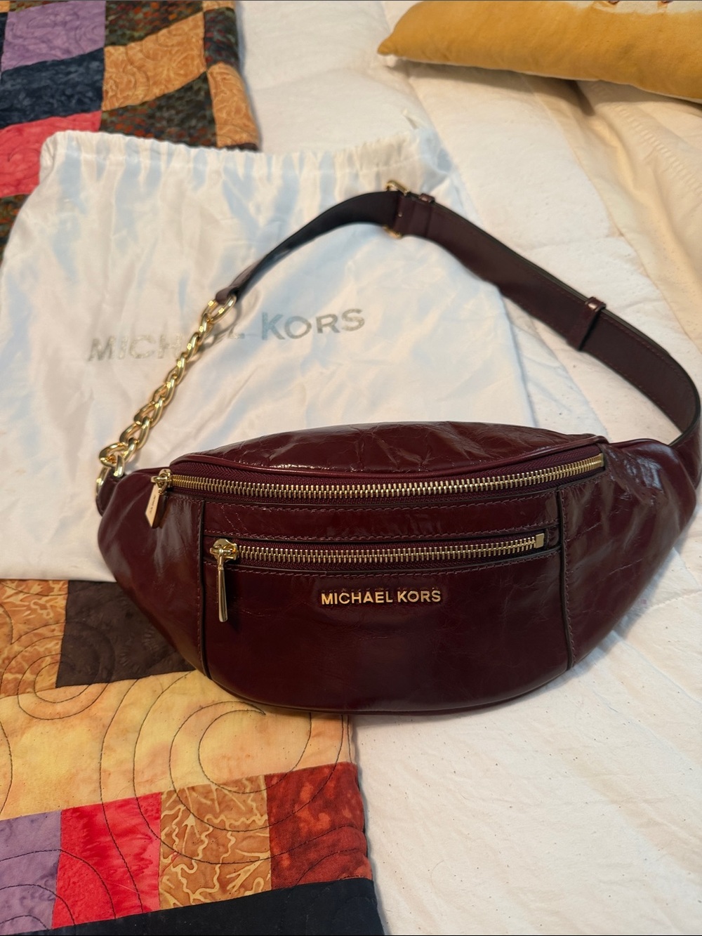 Michael Kors Deep Wine Patent Leather Waist Bag with Gold Chain